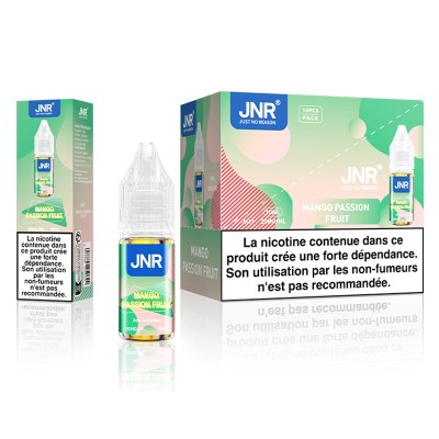 E-liquide JNR Mango Passion Fruit 10ml, sels de nicotine 20mg, boîte et flacon