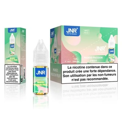 E-liquide JNR Mango Passion Fruit 10ml, sels de nicotine 20mg, boîte et flacon
