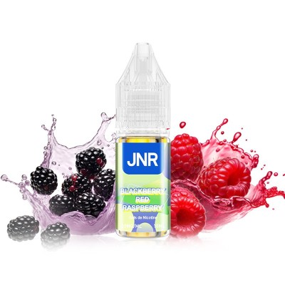 E-liquide JNR saveur mûre et framboise, flacon 10ml avec éclaboussures de fruits