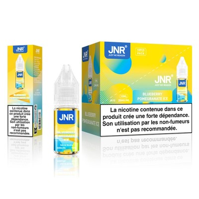 E-liquide JNR Blueberry Pomegranate Ice, sel de nicotine 20mg, flacon 10ml et boîte E-liquide JNR Blueberry Pomegranate Ice, sel de nicotine 20mg, flacon 10ml et boîte
