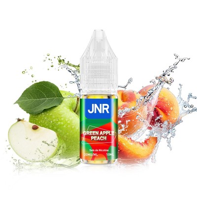 E-liquide JNR Green Apple Peach 10ml avec pomme verte et pêche éclaboussées d'eau