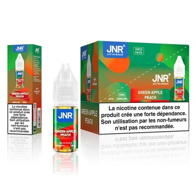 E-liquide JNR Green Apple Peach 10ml, sel de nicotine 20mg, boîte et flacon