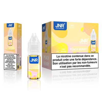 E-liquide JNR Peach Berry 10ml avec sel de nicotine 20mg, boîte et flacon sur fond jaune E-liquide JNR Peach Berry 10ml avec sel de nicotine 20mg, boîte et flacon sur fond jaune