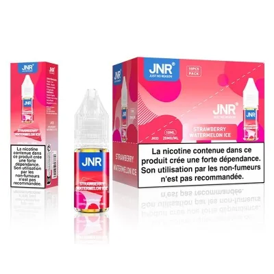 E-liquide JNR Strawberry Watermelon Ice 10ml, sel de nicotine 20mg, boîte et flacon