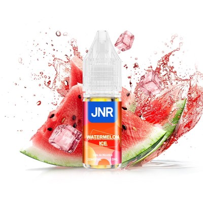 E-liquide Watermelon Ice JNR, flacon avec éclaboussures de pastèque et glaçons