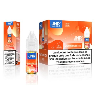 E-liquide JNR Watermelon Ice 10ml avec sels de nicotine 20mg, boîte et flacon orange