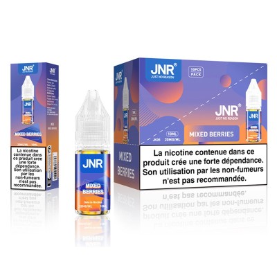 E-liquide Mixed Berries JNR 10ml, sels de nicotine 20mg, packaging et flacon sur fond blanc E-liquide Mixed Berries JNR 10ml, sels de nicotine 20mg, packaging et flacon sur fond blanc