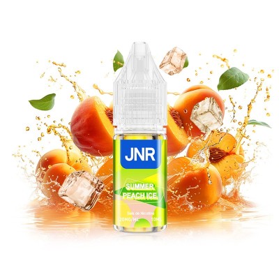 E-liquide JNR Summer Peach Ice 10ml, saveur pêche glacée, avec fruits et glaçons en arrière-plan E-liquide JNR Summer Peach Ice 10ml, saveur pêche glacée, avec fruits et glaçons en arrière-plan