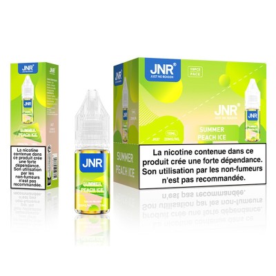 E-liquide Summer Peach Ice JNR 10ml, saveur pêche glacée, sels de nicotine 20mg, emballage E-liquide Summer Peach Ice JNR 10ml, saveur pêche glacée, sels de nicotine 20mg, emballage