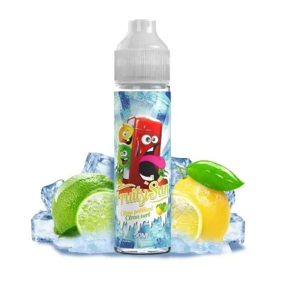 E-liquide citron pétillant, flacon avec fruits et glaçons, saveurs citron et citron vert