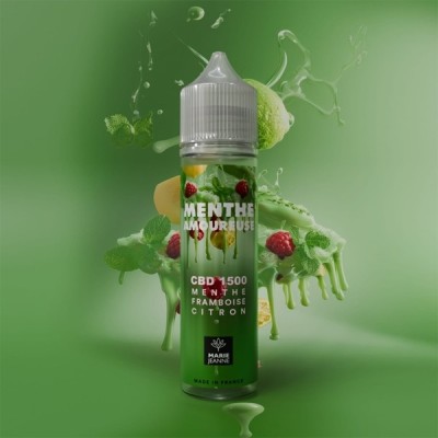 E-liquide CBD Menthe Amoureuse 50ml, saveur menthe framboise citron, sur fond vert splash E-liquide CBD Menthe Amoureuse 50ml, saveur menthe framboise citron, sur fond vert splash