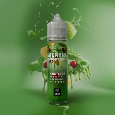 E-liquide CBD Menthe Amoureuse 50ml, saveur menthe framboise citron, sur fond vert splash
