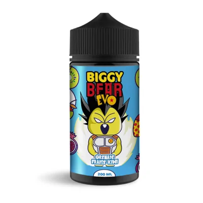 Flacon de e-liquide Biggy Bear EVO Grenade Fraise Kiwi 200ml avec mascotte jaune cartoon