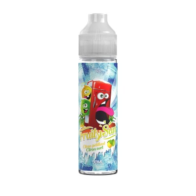 Flacon e-liquide Fruity Sun Citron pétillant, personnages fruits animés, fond glacé bleu Flacon e-liquide Fruity Sun Citron pétillant, personnages fruits animés, fond glacé bleu