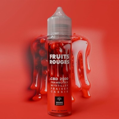 E-liquide CBD Fruits Rouges Marie Jeanne, flacon 50ml avec liquide rouge vif et effet coulant