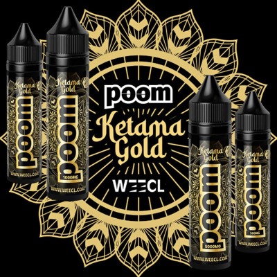 E-liquide CBD Poom Ketama Gold 50ml WEECL avec design doré et noir, flacons et logo