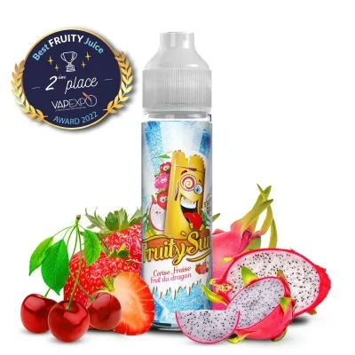 E-liquide fruité primé avec fruits exotiques, cerises et fraises. Logo 2e place Vapexpo