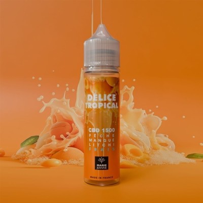 E-liquide CBD Délice Tropical 50ml saveur pêche mangue litchi sur fond orange avec éclaboussures