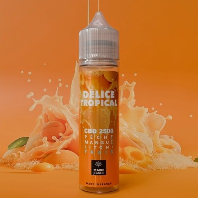E-liquide CBD Délice Tropical 50ml parfum pêche, mangue, litchi avec éclaboussure de jus