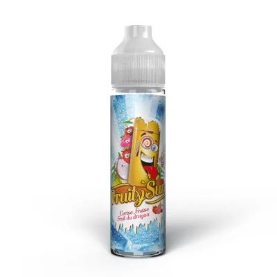 Flacon e-liquide Fruity Sun Gold Edition, design coloré avec personnage animé jaune