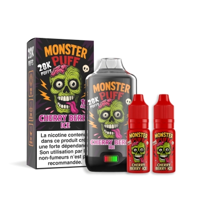 Kit e-cigarette Monster Puff 28k Cherry Berry Ice avec boîte, bouteille et 2 flacons d'e-liquide Kit e-cigarette Monster Puff 28k Cherry Berry Ice avec boîte, bouteille et 2 flacons d'e-liquide