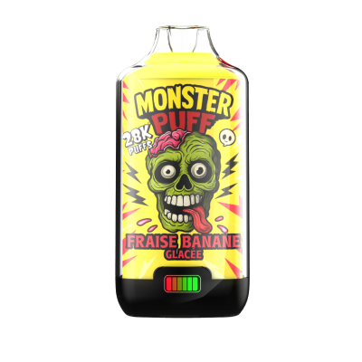 Bouteille de e-liquide Monster Puff 28k saveur fraise banane glacée, design zombie vert Bouteille de e-liquide Monster Puff 28k saveur fraise banane glacée, design zombie vert