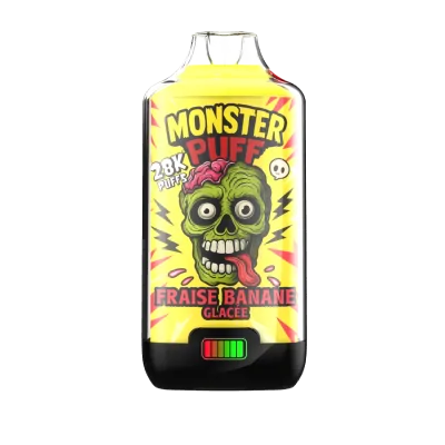 Bouteille de e-liquide Monster Puff 28k saveur fraise banane glacée, design zombie vert Bouteille de e-liquide Monster Puff 28k saveur fraise banane glacée, design zombie vert