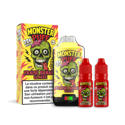 Produit vape Monster Puff 28k Fraise Banane Glacée avec boîte, flacon et bouteilles de recharge Produit vape Monster Puff 28k Fraise Banane Glacée avec boîte, flacon et bouteilles de recharge