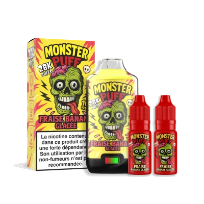Produit vape Monster Puff 28k Fraise Banane Glacée avec boîte, flacon et bouteilles de recharge Produit vape Monster Puff 28k Fraise Banane Glacée avec boîte, flacon et bouteilles de recharge