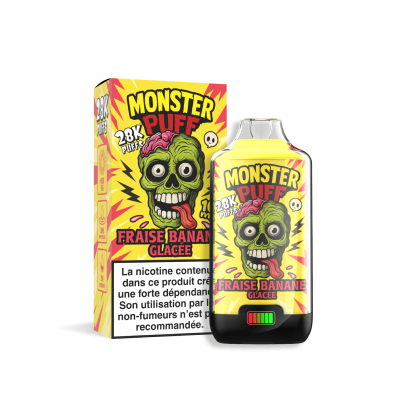 Bouteille et emballage de e-liquide Monster Puff 28k saveur fraise banane glacée, design zombie Bouteille et emballage de e-liquide Monster Puff 28k saveur fraise banane glacée, design zombie