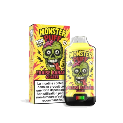 Bouteille et emballage de e-liquide Monster Puff 28k saveur fraise banane glacée, design zombie Bouteille et emballage de e-liquide Monster Puff 28k saveur fraise banane glacée, design zombie