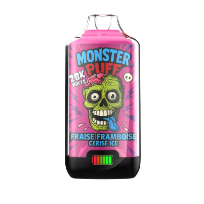 Flacon rose Monster Puff 28k saveur fraise-framboise-cerise, design zombie vert, vape jetable Flacon rose Monster Puff 28k saveur fraise-framboise-cerise, design zombie vert, vape jetable