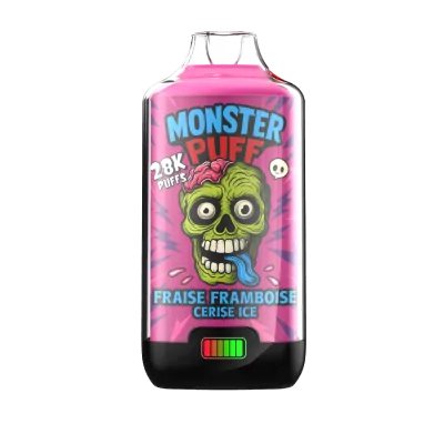 Flacon rose Monster Puff 28k saveur fraise-framboise-cerise, design zombie vert, vape jetable