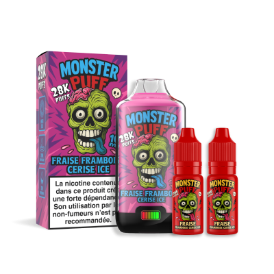 Liquide e-cigarette Monster Puff 28k Fraise Framboise Cerise Ice, flacon et emballage rose Liquide e-cigarette Monster Puff 28k Fraise Framboise Cerise Ice, flacon et emballage rose