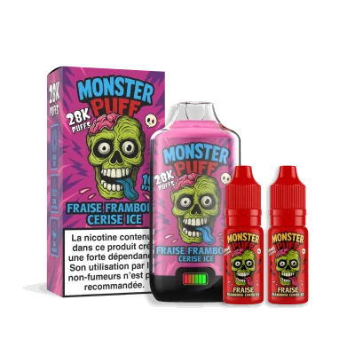 Liquide e-cigarette Monster Puff 28k Fraise Framboise Cerise Ice, flacon et emballage rose