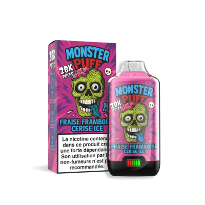 Produit Monster Puff 28k saveur Fraise Framboise Cerise Ice, boîte et flacon rose avec logo zombie Produit Monster Puff 28k saveur Fraise Framboise Cerise Ice, boîte et flacon rose avec logo zombie
