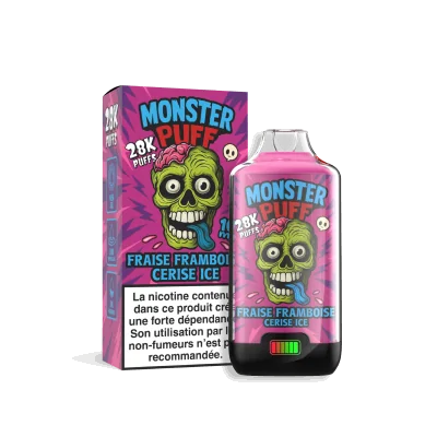 Produit Monster Puff 28k saveur Fraise Framboise Cerise Ice, boîte et flacon rose avec logo zombie