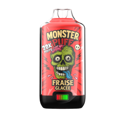 Bouteille de e-liquide Monster Puff 28k Fraise Glacée, design rouge avec crâne vert Bouteille de e-liquide Monster Puff 28k Fraise Glacée, design rouge avec crâne vert