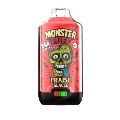 Bouteille de e-liquide Monster Puff 28k Fraise Glacée, design rouge avec crâne vert