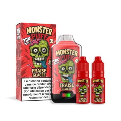 Produit Monster Puff 28k Fraise Glacée: boîte rouge, bouteille et flacons avec logo monstre vert Produit Monster Puff 28k Fraise Glacée: boîte rouge, bouteille et flacons avec logo monstre vert