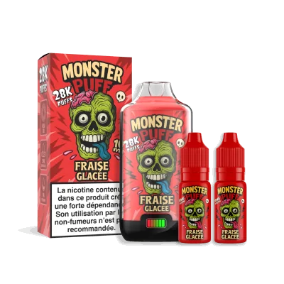 Produit Monster Puff 28k Fraise Glacée: boîte rouge, bouteille et flacons avec logo monstre vert