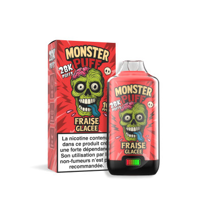Produit e-cigarette Monster Puff 28k saveur Fraise Glacée, boîte et flacon rouge avec logo zombie Produit e-cigarette Monster Puff 28k saveur Fraise Glacée, boîte et flacon rouge avec logo zombie