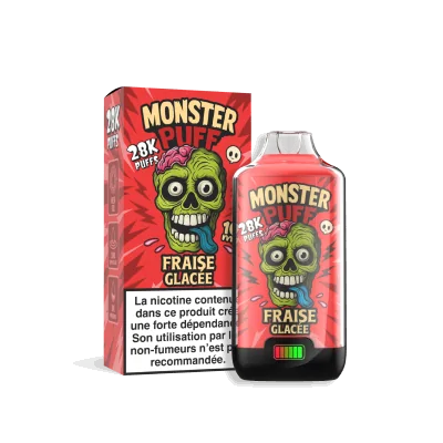 Produit e-cigarette Monster Puff 28k saveur Fraise Glacée, boîte et flacon rouge avec logo zombie