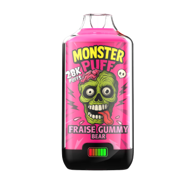 Cigarette électronique Monster Puff 28k saveur fraise, design rose vif avec crâne vert Cigarette électronique Monster Puff 28k saveur fraise, design rose vif avec crâne vert