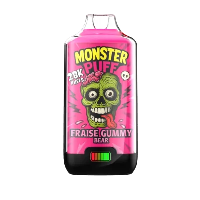 Cigarette électronique Monster Puff 28k saveur fraise, design rose vif avec crâne vert Cigarette électronique Monster Puff 28k saveur fraise, design rose vif avec crâne vert