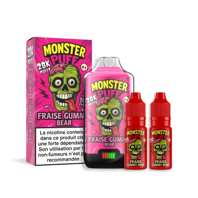 Produit Monster Puff 28k arôme fraise gummy bear : boîte, flacon et flacons recharge Produit Monster Puff 28k arôme fraise gummy bear : boîte, flacon et flacons recharge