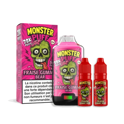 Produit Monster Puff 28k arôme fraise gummy bear : boîte, flacon et flacons recharge Produit Monster Puff 28k arôme fraise gummy bear : boîte, flacon et flacons recharge