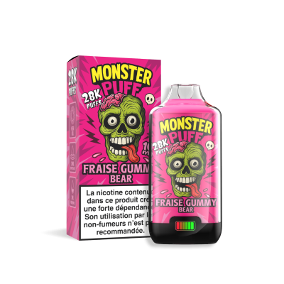 Produit vape Monster Puff 28k Fraise Gummy Bear, flacon rose et boîte avec monstre vert Produit vape Monster Puff 28k Fraise Gummy Bear, flacon rose et boîte avec monstre vert