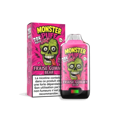 Produit vape Monster Puff 28k Fraise Gummy Bear, flacon rose et boîte avec monstre vert Produit vape Monster Puff 28k Fraise Gummy Bear, flacon rose et boîte avec monstre vert