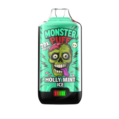 Bouteille verte de e-liquide Monster Puff Holly Mint Ice, avec un crâne vert sur l'étiquette Bouteille verte de e-liquide Monster Puff Holly Mint Ice, avec un crâne vert sur l'étiquette